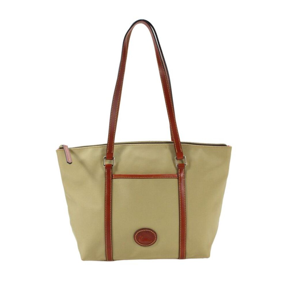Dooney & Bourke Womens Leather Trim Zip Up Shoulder Bag Beige